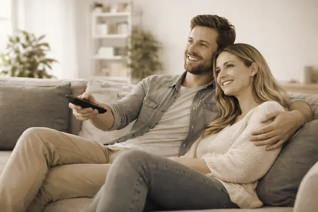Two people on the sofa watching television together
