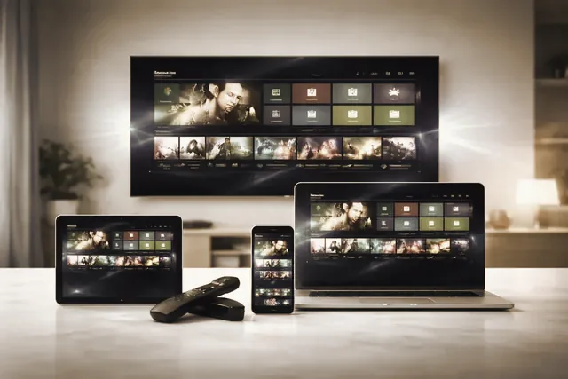The SWIVTV channel list open on a television, a tablet, a laptop and a phone