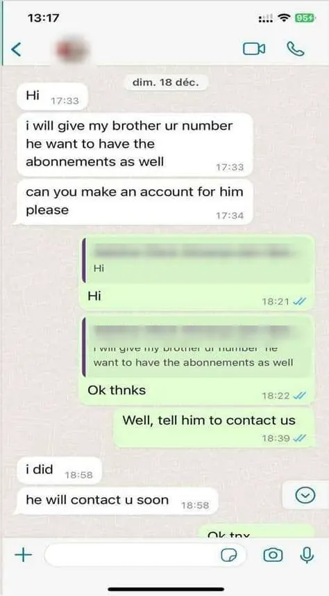 Screenshot of a WhatsApp chat with a subscriber, 9